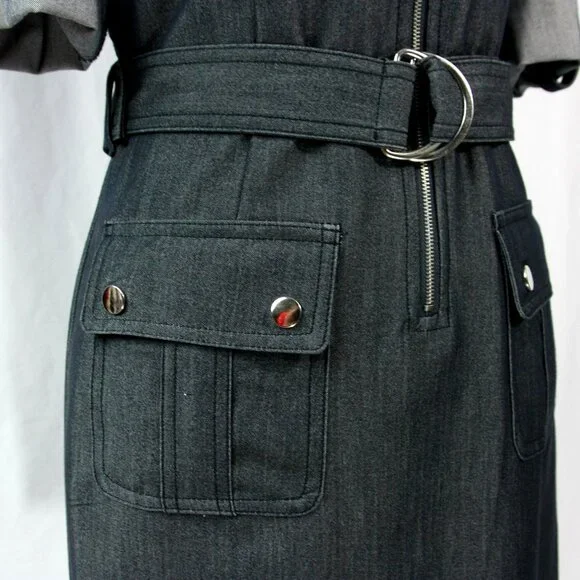 Sharagano Petite Zip Front Belted Pockets Chambray Shirtwaist Dress 4P 70s Style - Picture 5 of 11